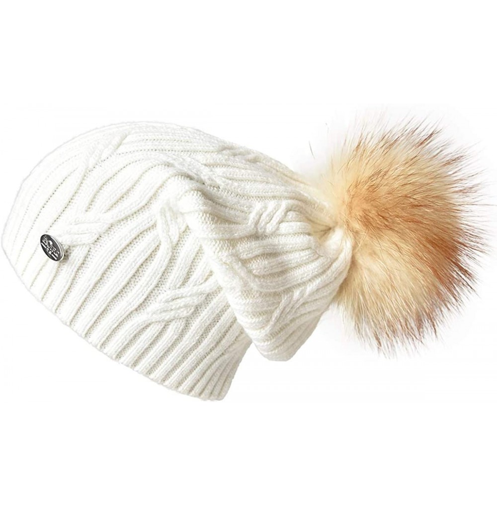 Skullies & Beanies Winter Hats for Women Fur Pom Pom Hats Knitted Cuff Bobble Beanie Warm Wool Ski Cap - Logo-white&beige Fur...