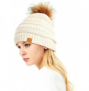 Skullies & Beanies Merino Wool Knitted Bun Beanie - Women Hat Cap with Cute Pony Tail Hole - Raccoon Fur Pompom (Apricot) - C...