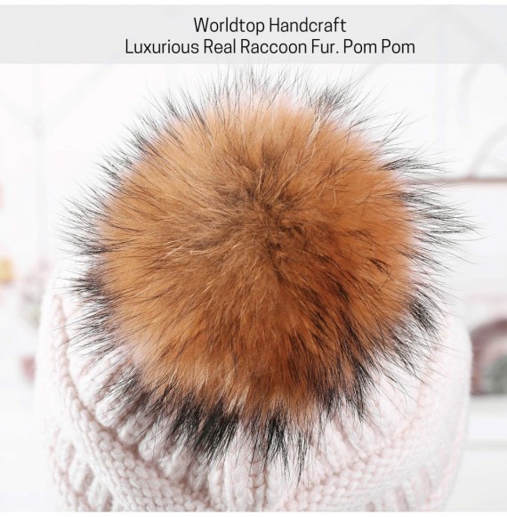Skullies & Beanies Merino Wool Knitted Bun Beanie - Women Hat Cap with Cute Pony Tail Hole - Raccoon Fur Pompom (Apricot) - C...