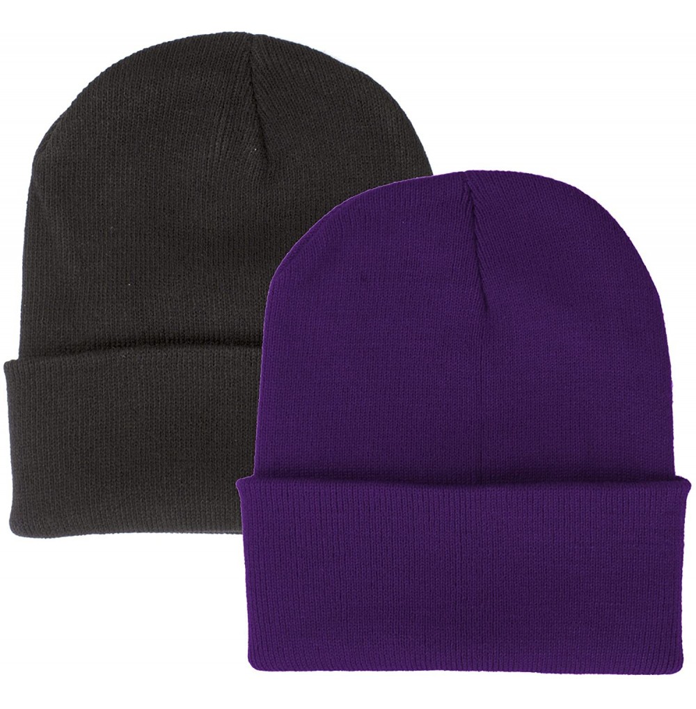 Skullies & Beanies 2 Pack Made in USA Thick Beanie Cuff Premium Headwear Winter Hat - Black & Purple - CA189K3KCRI