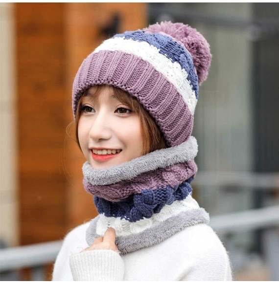Skullies & Beanies Fleece Lined Women Knit Beanie Scarf Set for Girl Winter Ski Hat with Pompom - C1-purple - CE18AY9E0MT