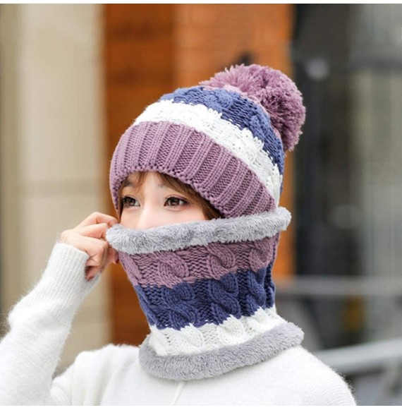 Skullies & Beanies Fleece Lined Women Knit Beanie Scarf Set for Girl Winter Ski Hat with Pompom - C1-purple - CE18AY9E0MT