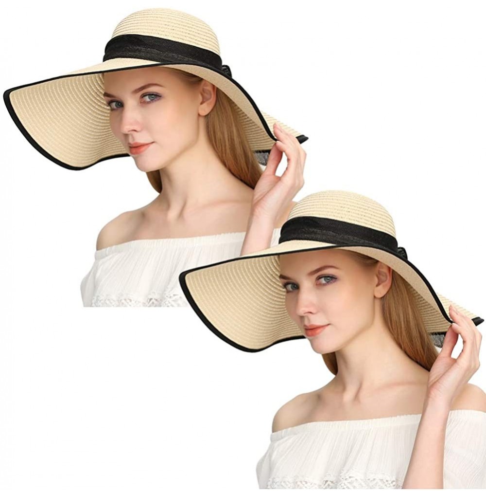 Sun Hats Beach Sun Hat for Women Bow-knot UV UPF 50+Travel Foldable Wide Brim Straw Hat - Beige02 2pcs - CX18UYCRHXM
