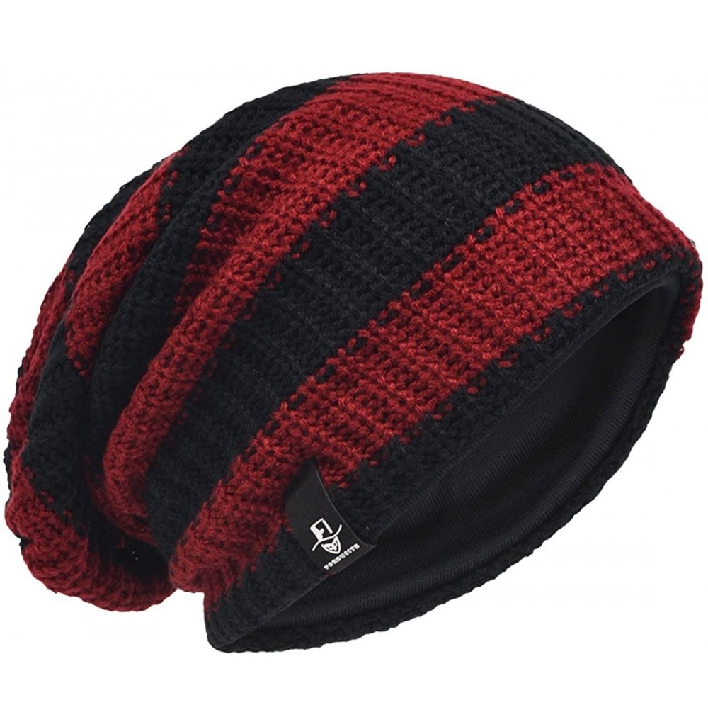 Skullies & Beanies Men's Slouchy Beanie Knit Crochet Rasta Cap for Summer Winter - Claret/Black - C412MEFAW43