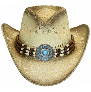 Cowboy Hats Men's & Women's Western Style Cowboy/Cowgirl Toyo Straw Hat - Tea Stain-turquoise/Beads - CP18RHI3XWH