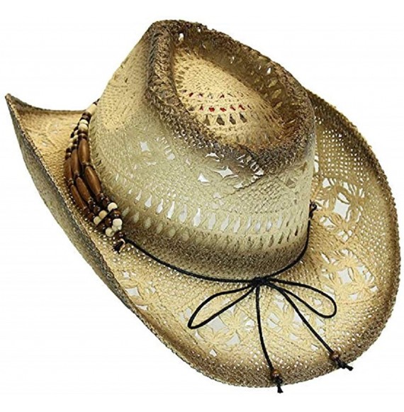 Cowboy Hats Men's & Women's Western Style Cowboy/Cowgirl Toyo Straw Hat - Tea Stain-turquoise/Beads - CP18RHI3XWH
