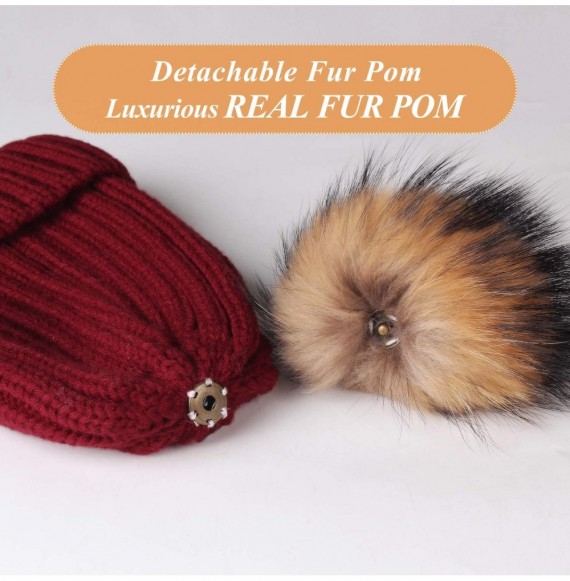 Skullies & Beanies Winter Knit Hat Detachable Real Raccoon Fur Pom Pom Womens Girls Warm Knit Beanie Hat - CL127PECRI3