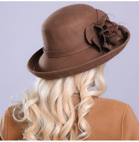 Fedoras Women's Wide Brim Wool Felt Bowler Hat - Camel - CZ12MCI8B3R