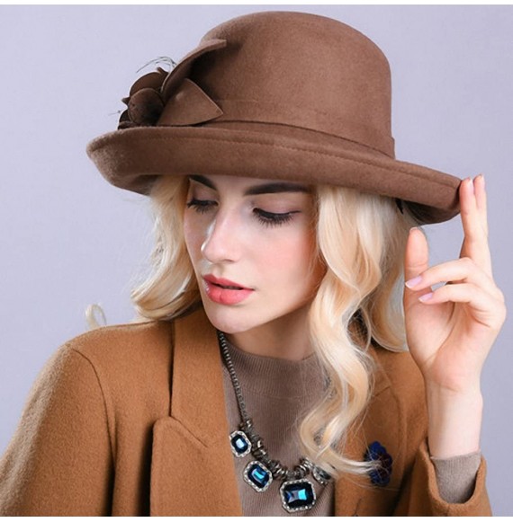 Fedoras Women's Wide Brim Wool Felt Bowler Hat - Camel - CZ12MCI8B3R