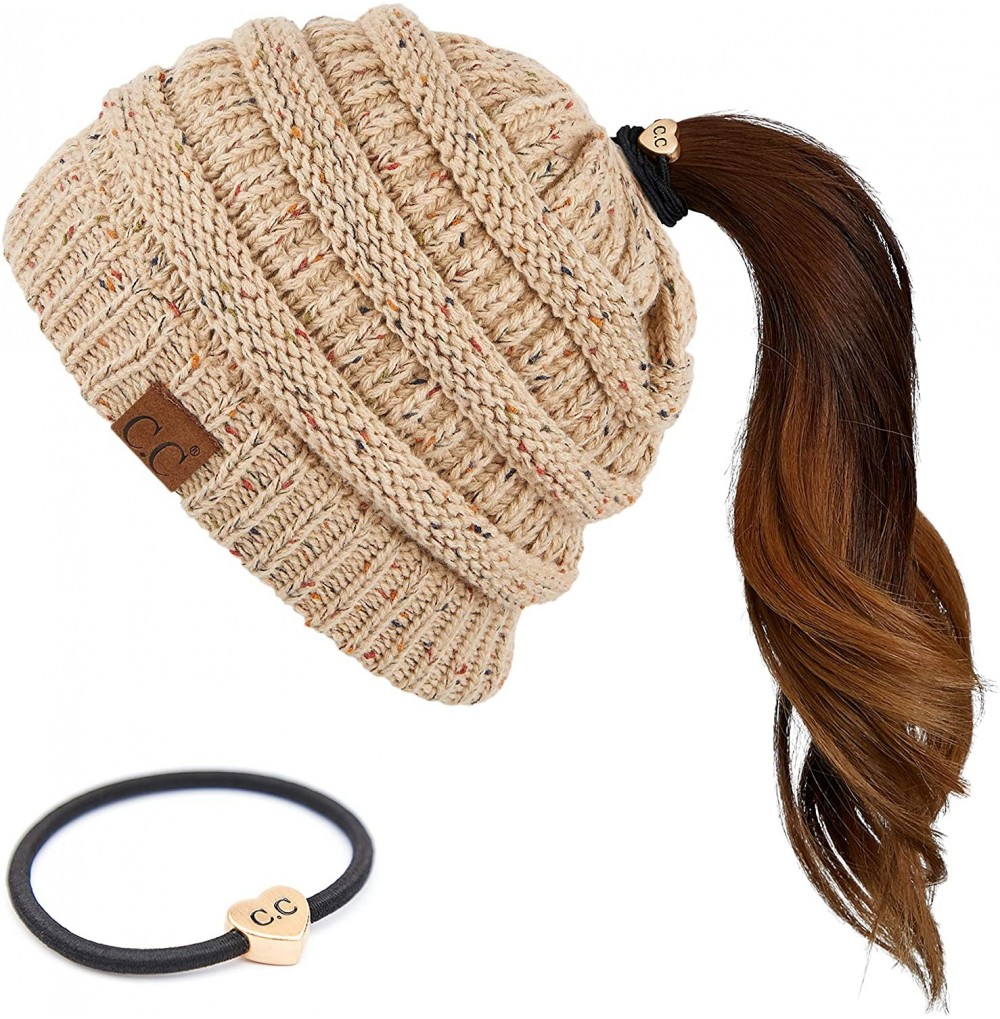 Skullies & Beanies Ribbed Confetti Knit Beanie Tail Hat for Adult Bundle Hair Tie (MB-33) - Latte (With Ponytail Holder) - CN...