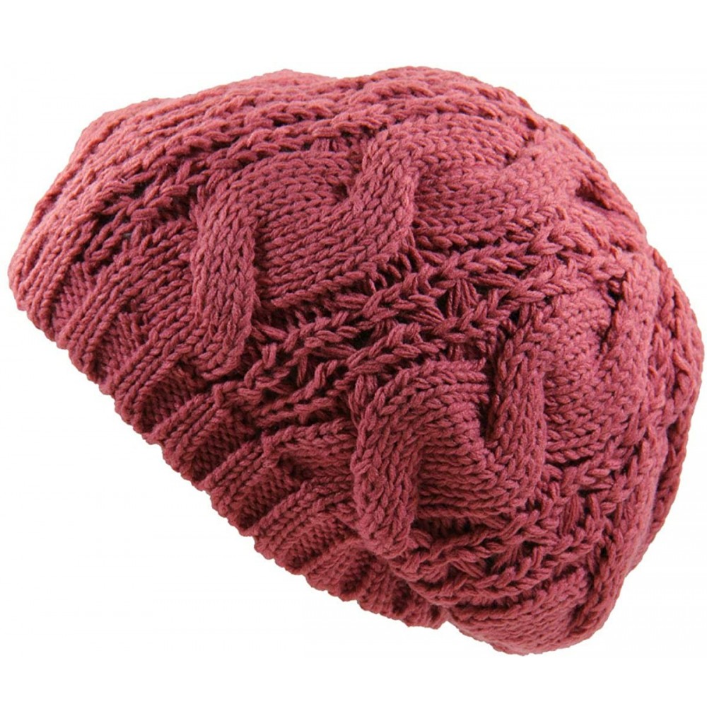 Berets Warm Chuncky Knit Over Size Cable Beanie Beret- Pink - CN18WWGQ3HA