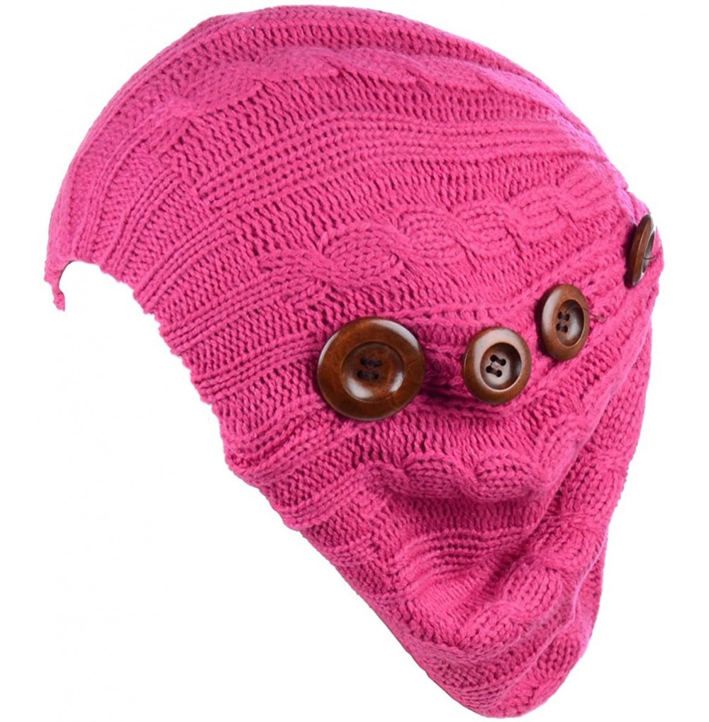Berets Women's Fall French Style Cable Knit Beret Hat W/Sequin/Wooden Button - Fuchsia W/ Buttons - CT18LEIM7Y6