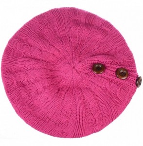Berets Women's Fall French Style Cable Knit Beret Hat W/Sequin/Wooden Button - Fuchsia W/ Buttons - CT18LEIM7Y6