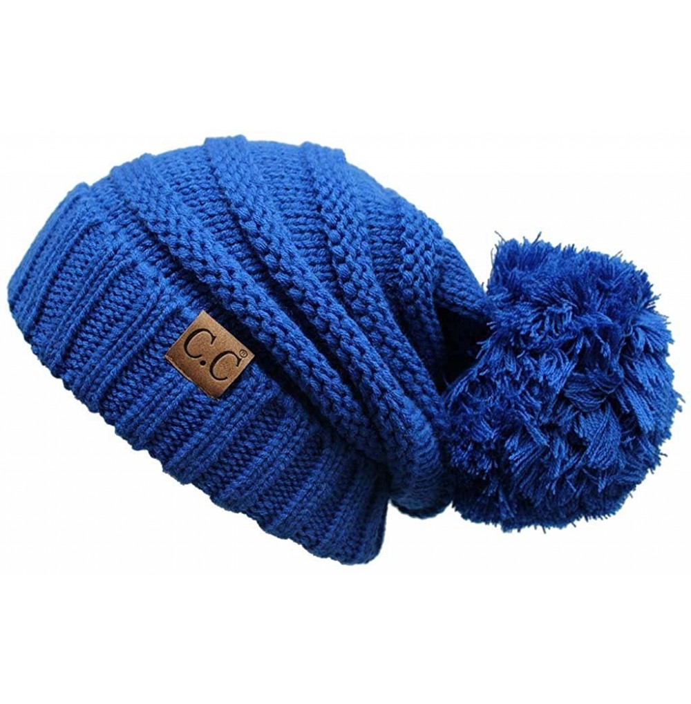 Skullies & Beanies Warm Chunky Soft Oversized Cable Knit Slouchy Beanie with Pom Pom - Royal Blue - CT12KBZO083