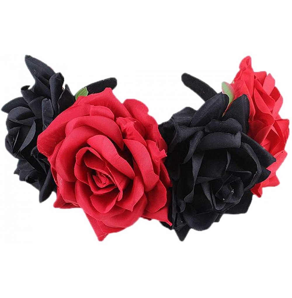 Headbands Women's Oversized Large Rose Flower Headband Floral Crown Wreath Garland Halo Hairpiece - Red and Black - CC18LOS59GI