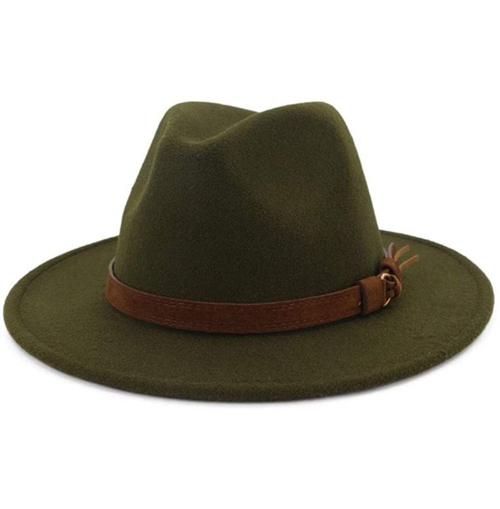 Fedoras Women's Woolen Wide Brim Fedora Hat Classic Jazz Cap with Belt Buckle - Army Green - CN18X7ESHSQ