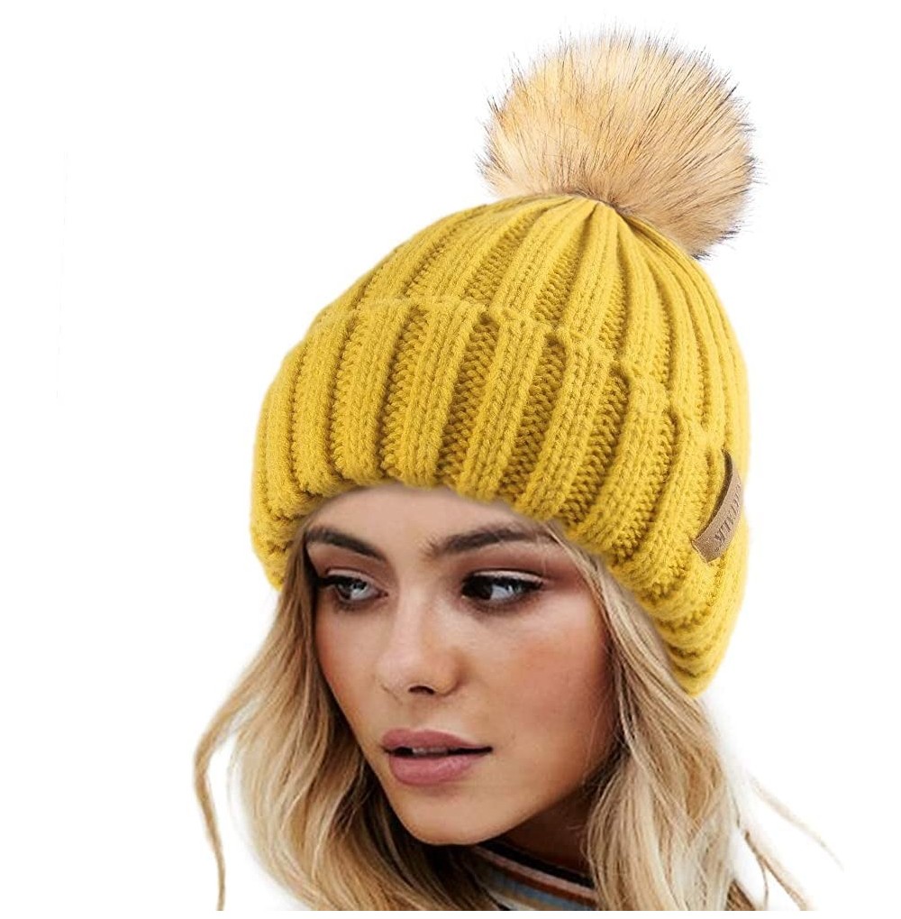 Skullies & Beanies Womens Winter Knitted Beanie Hat with Faux Fur Pom Warm Knit Skull Cap Beanie for Women - 13-yellow - CQ18...