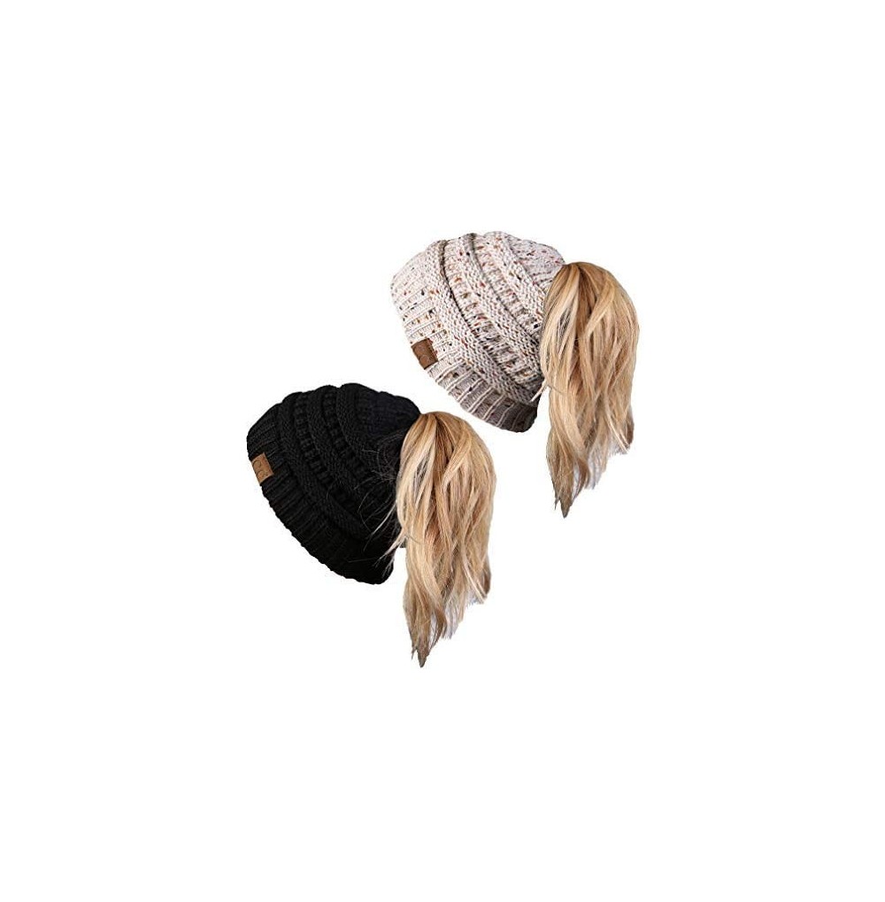 Skullies & Beanies Women's Beanie Ponytail Messy Bun BeanieTail Multi Color Ribbed Hat Cap - 2 Pack - Black & Confetti Oatmea...