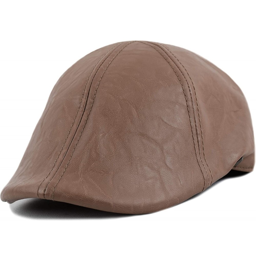 Newsboy Caps Distressed Faux Leather Men's Newsboy Ivy Cap- Solid Color Gatsby Duckbill Pub Hat- Everyday Cap - Brown - C218Y...