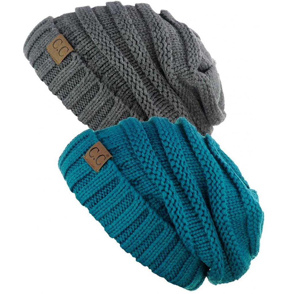 Skullies & Beanies Oversized Baggy Slouchy Thick Winter Beanie Hat - Lt Mel Gray & Teal - CQ1869ICXWR