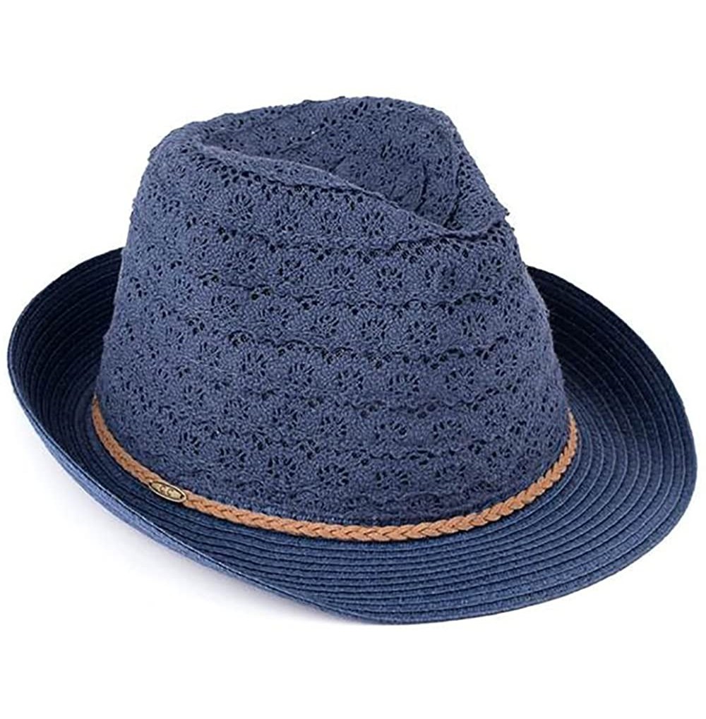 Fedoras Crochet Lace Fabric Straw Trim Spring Summer Beach Sun Fedora Hat - Navy - CJ17Z24S64K
