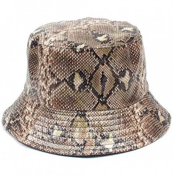 Bucket Hats Snakeskin Print Bucket Hat Trendy PU Fisherman Hats Unisex Reversible Packable Cap - Coffee - CG18QGRGLHR