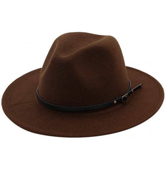Fedoras Women's Vintage Fedora Hat Lady Retro Wide Brim Hat with Belt Buckle Unisex Classic Cotton Panama Hat - Coffee - CJ19...