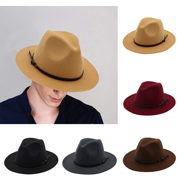 Fedoras Women's Vintage Fedora Hat Lady Retro Wide Brim Hat with Belt Buckle Unisex Classic Cotton Panama Hat - Coffee - CJ19...
