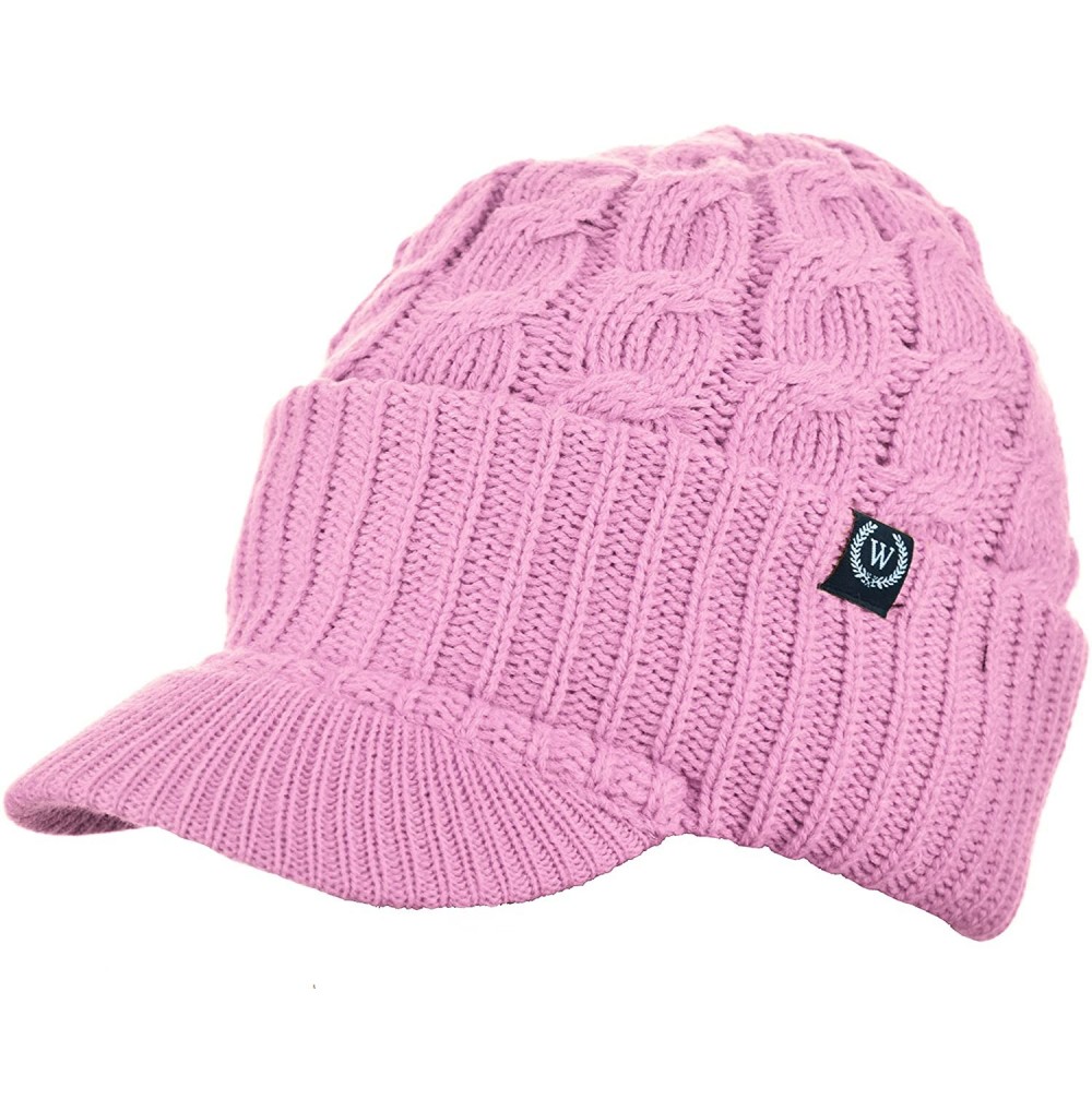 Skullies & Beanies Winter Newsboy Cable Knitted Visor Beanie Bill Winter Warm Hat - Light Pink - CX1878CMI5Q