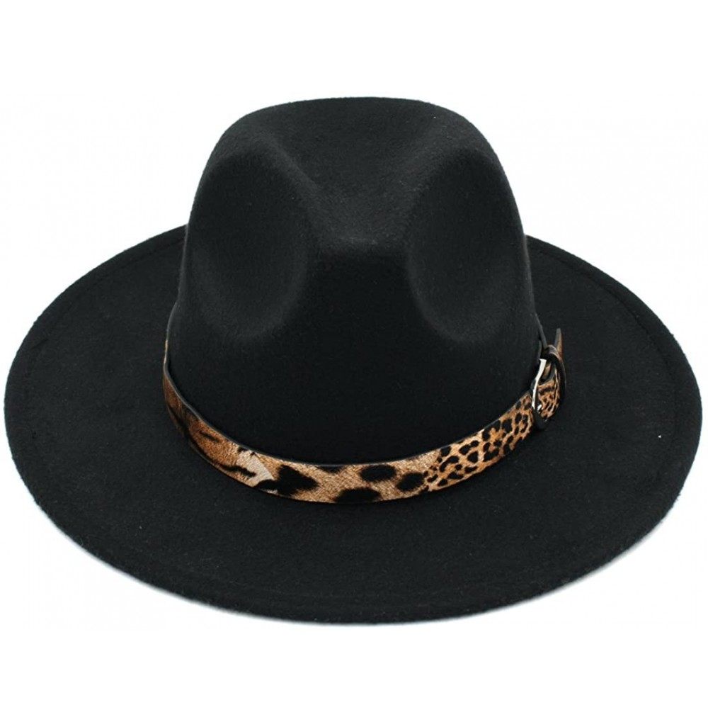 Fedoras Women's Wool Blend Panama Hats Wide Brim Fedora Trilby Caps Leopard Leather Band - Black - CH1867CCS46
