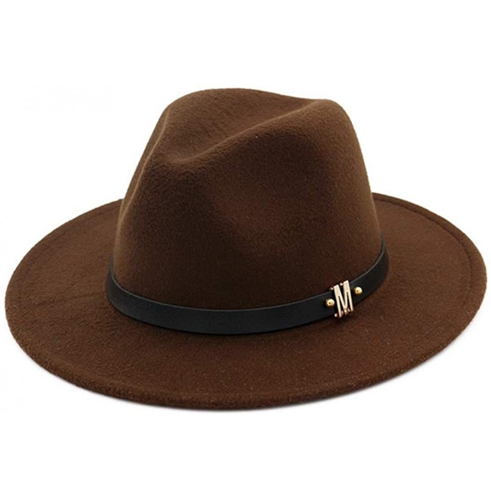 Fedoras Men's Woolen Wide Brim Fedora Hats Classic Vintage Fashion Trilby Hat Jazz Cap with Black Leather Belt - Coffee - CC1...