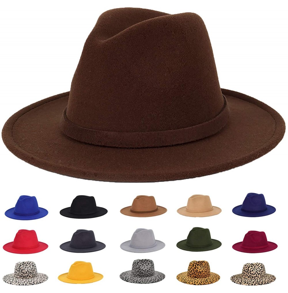 Fedoras Men & Women Classic Felt Fedora Hat Vintage Wide Brim Panama Hat with Felt Buckle - Coffee - CN18YM5GO57