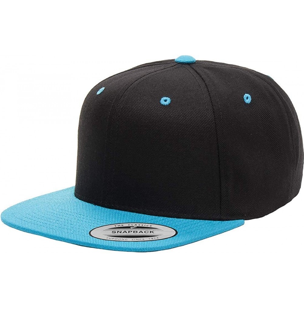 Baseball Caps Yupoong Premium Classic Snapback Hat - Flat Brim- Adjustable Ballcap w/Hat Liner - Black/Teal - C018GYZDARU