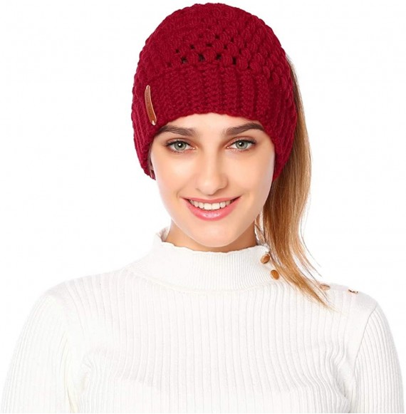 Skullies & Beanies Ponytail Hats for Women Messy Bun Beanie with Ponytail Hole Knit Winter Warm Hat - Red - CL192M4GW5Q