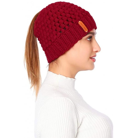 Skullies & Beanies Ponytail Hats for Women Messy Bun Beanie with Ponytail Hole Knit Winter Warm Hat - Red - CL192M4GW5Q