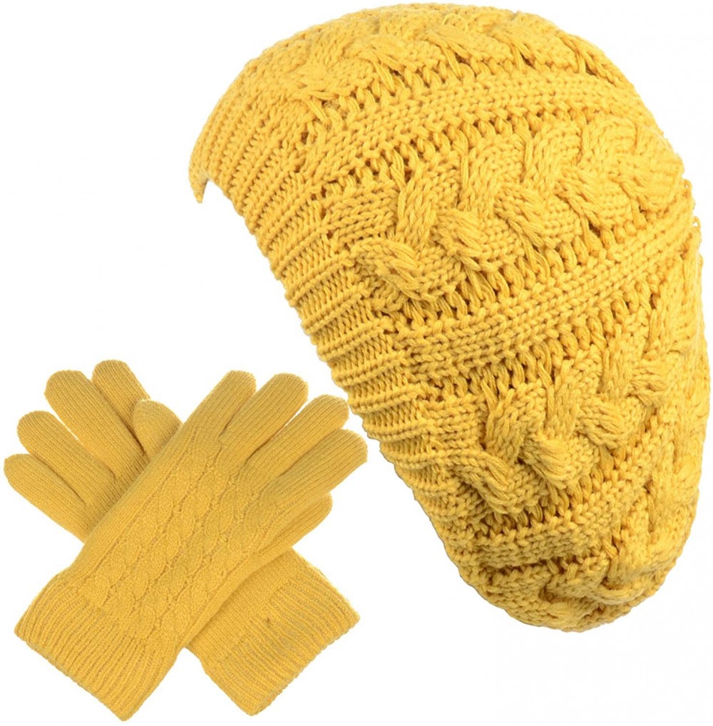 Berets Womens Winter Cozy Cable Fleece Lined Knit Beret Beanie Hat (Set Available) - Yellow Cable Hat Gloves Set - CU18UUMQ27Z