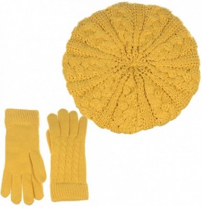 Berets Womens Winter Cozy Cable Fleece Lined Knit Beret Beanie Hat (Set Available) - Yellow Cable Hat Gloves Set - CU18UUMQ27Z