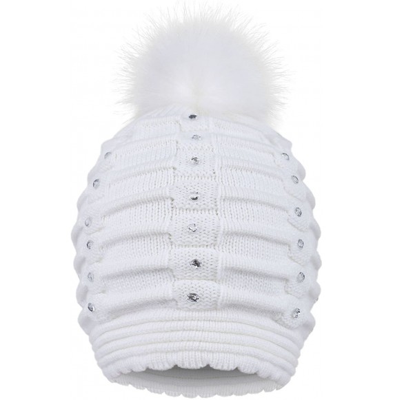Skullies & Beanies Womens Faux Fur Pompom Knit Winter Beanie Hat w/Sequins - White - CH188O7O0L4