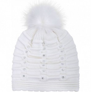 Skullies & Beanies Womens Faux Fur Pompom Knit Winter Beanie Hat w/Sequins - White - CH188O7O0L4