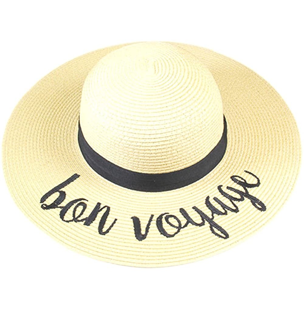Sun Hats Women Elegant Wide Brim Embroidered Beach Pool Floppy Summer Vacation Sun Hat - Bon Voyage - CT18CMN3WH5