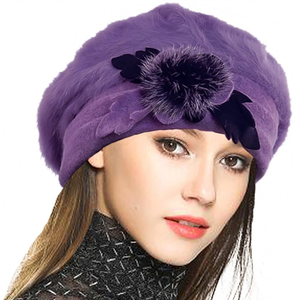 Berets Lady French Beret 100% Wool Beret Floral Dress Beanie Winter Hat - Angola-purple - CC12O88LXG0