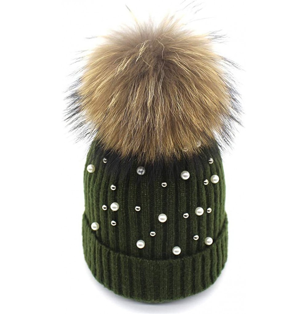 Skullies & Beanies Girls Winter Knitted Beanie Hat Real Fur Pom Pearls Womens Warm Cap - Green - CK18KM9K3HG