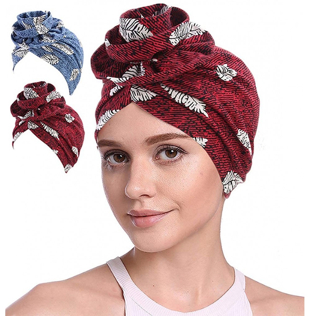 Skullies & Beanies Cotton Turbans for Women Flower Knot Headwrap Pre-Tied Bonnet Boho Pattern Chemo caps for Hair Loss - CA18...