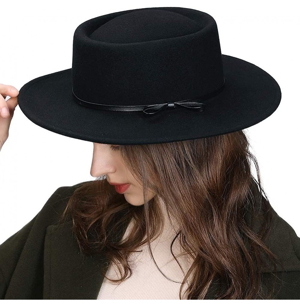 Fedoras Womens 100% Wool Felt Fedora Hat Wide Brim Floppy/Porkpie/Trilby Style - 088350black - CW192EH2UZA