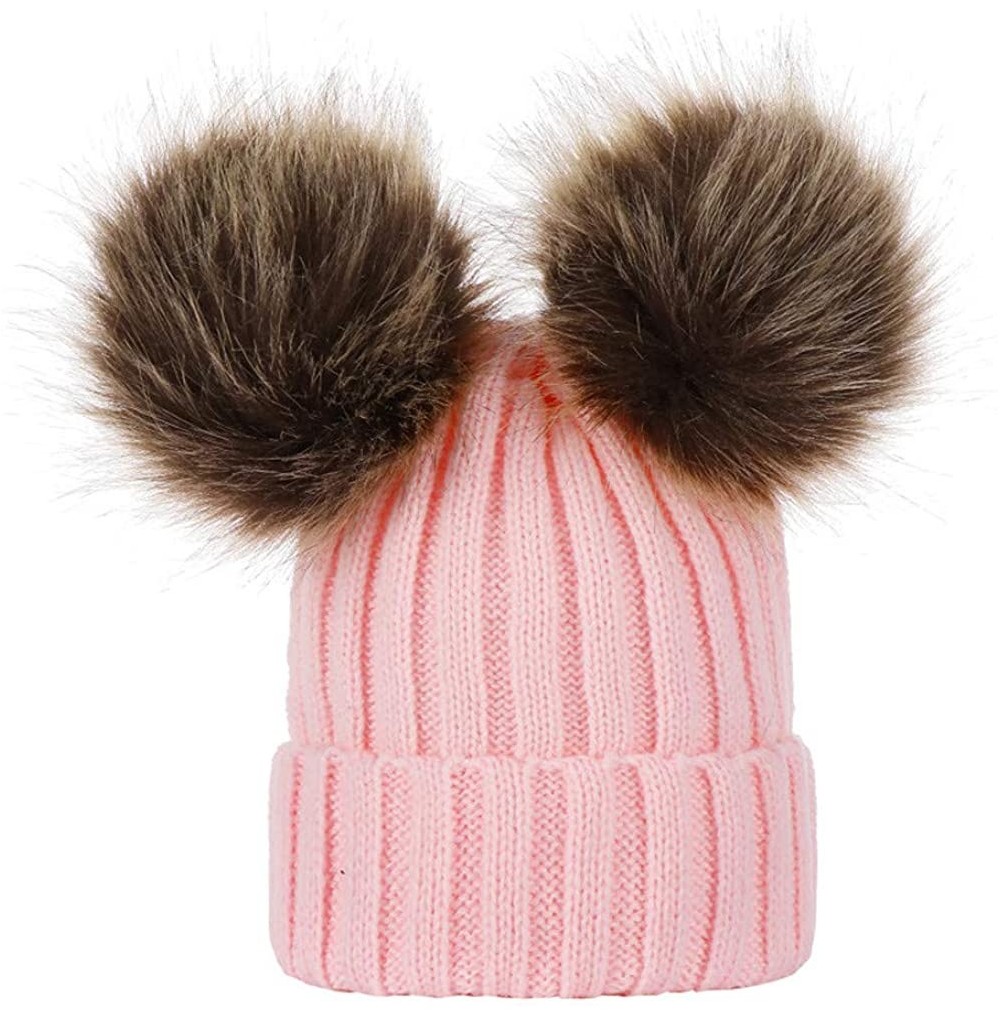 Skullies & Beanies Winter Warm Hats Cable Knit Beanie with Faux Fur Pompom Ears Knit Crochet Cap for Mom and Baby - Mom-pink ...