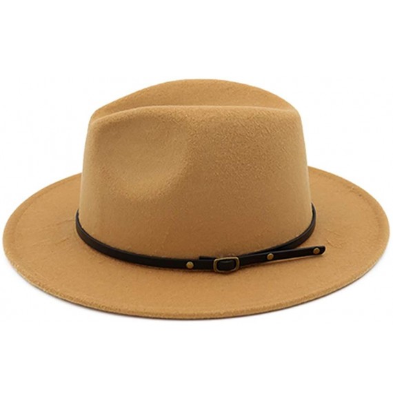 Fedoras Women's Woolen Wide Brim Fedora Hat Classic Jazz Cap with Belt Buckle - Camel - C718H847E7T