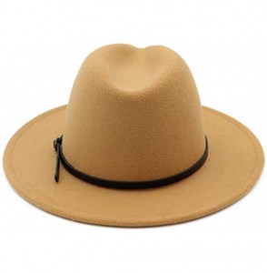 Fedoras Women's Woolen Wide Brim Fedora Hat Classic Jazz Cap with Belt Buckle - Camel - C718H847E7T