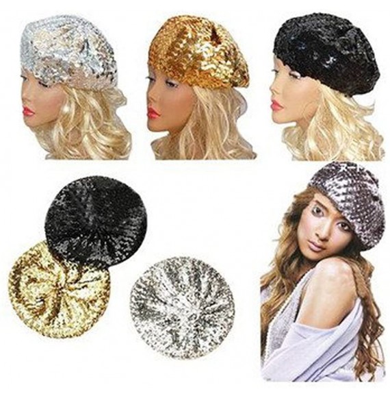 Berets Sparkly Sequins Beret Hat Glitter Mermaid Cap for Dancing Party Fancy Dress - Lake Blue - CH17AZN0EYX