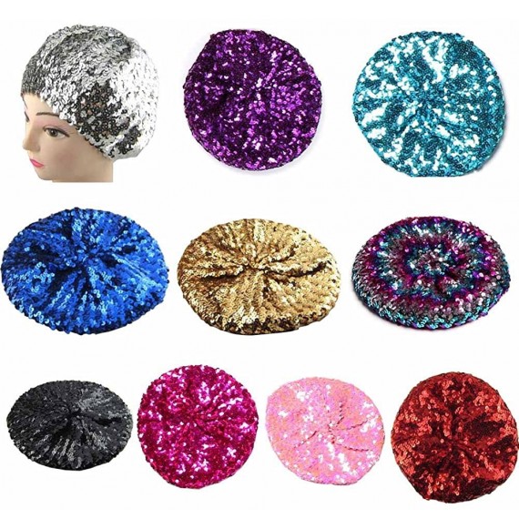 Berets Sparkly Sequins Beret Hat Glitter Mermaid Cap for Dancing Party Fancy Dress - Lake Blue - CH17AZN0EYX