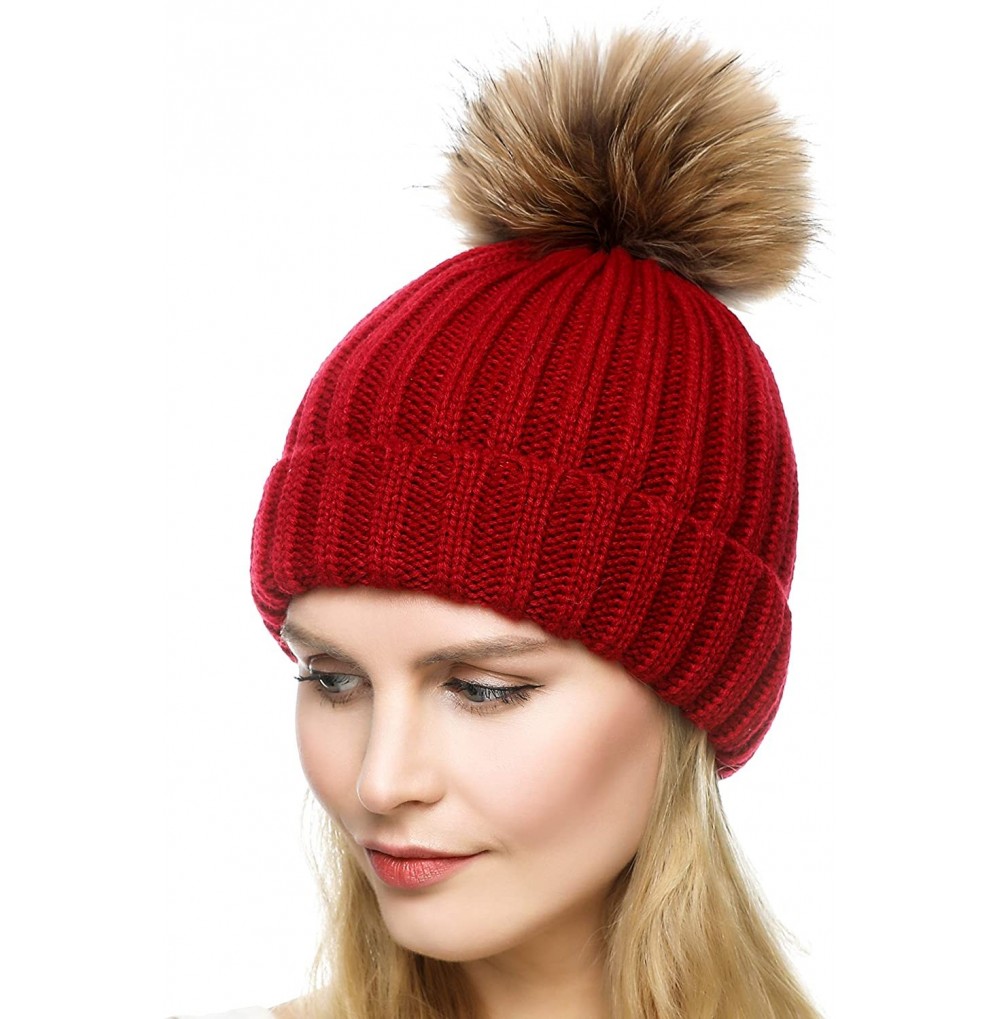 Skullies & Beanies Knit Hat for Womens Girls Fleece Winter Slouchy Beanie Hat with Real Raccon Fox Fur Pom Pom - Style02 Wine...